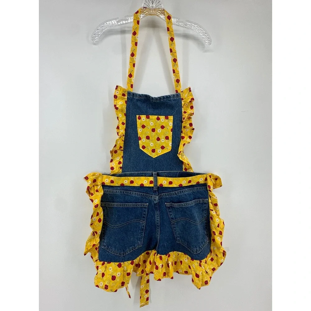 Handmade Denim Kitchen Apron Ladybug Ruffle Lee Jeans Repurposed Cottagecore